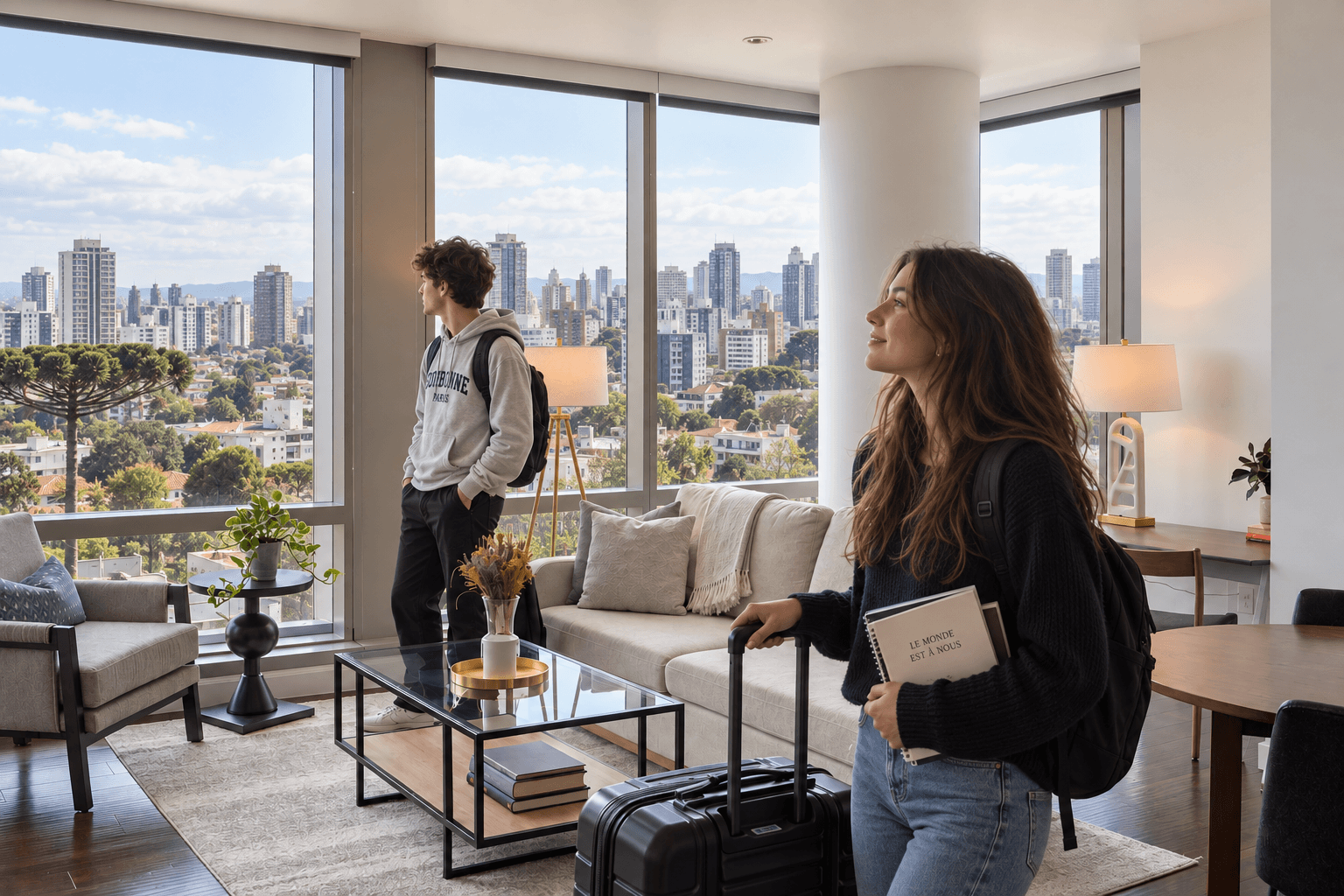 Estudante usando notebook em apartamento mobiliado em Curitiba